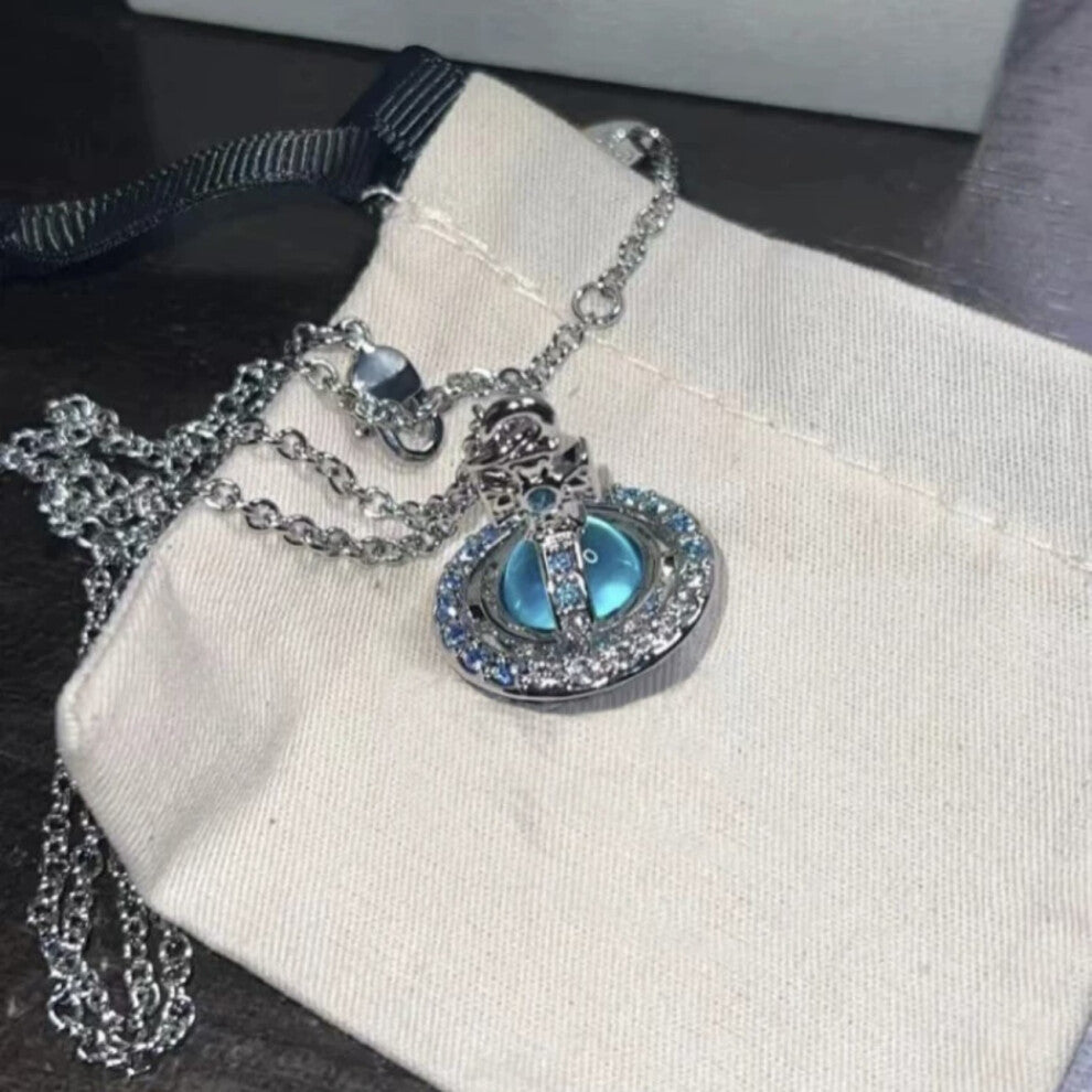 (Stereo planet full diamond necklace - gradient blue) Saturn pearl necklace Women's pin paper clip Vivian the same pendant stereo planet