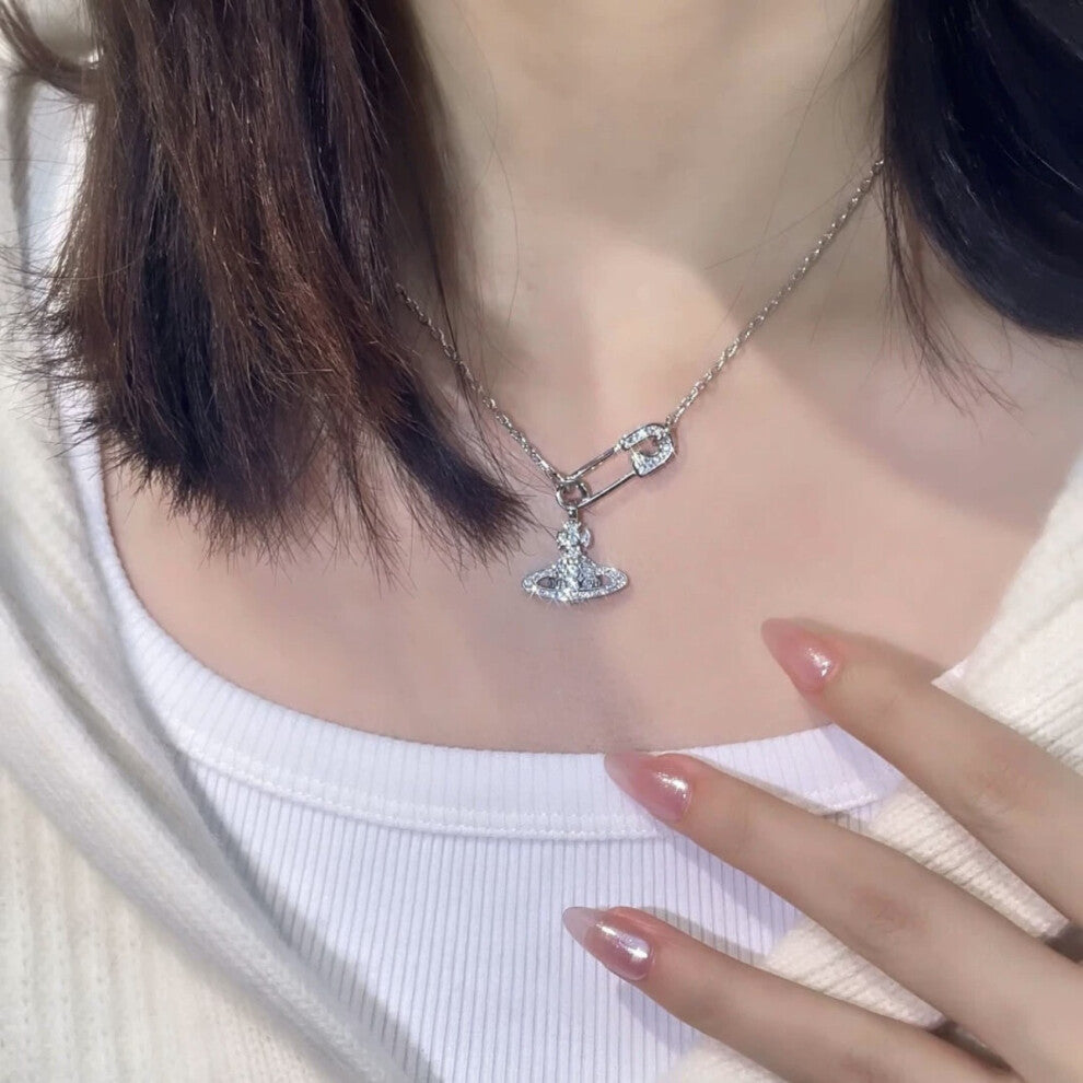 (Saturn Pin necklace - Silver) Saturn pearl necklace Women's pin paper clip Vivian the same pendant stereo planet