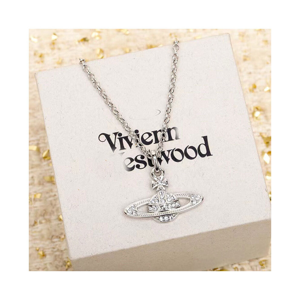 (Saturn necklace - Silver) Saturn pearl necklace Women's pin paper clip Vivian the same pendant stereo planet