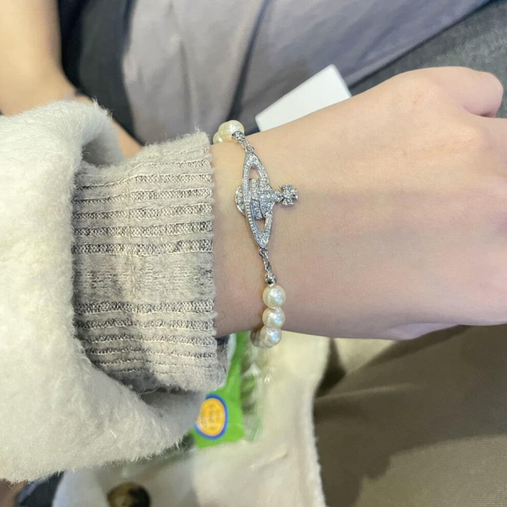 (Saturn Pearl bracelet - Silver) Saturn pearl necklace Women's pin paper clip Vivian the same pendant stereo planet