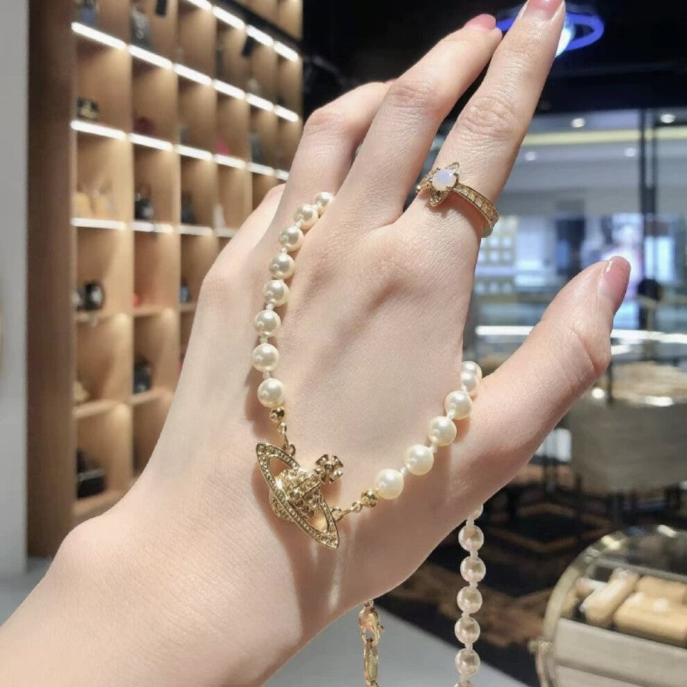 (Saturn Pearl necklace - Gold) Saturn pearl necklace Women's pin paper clip Vivian the same pendant stereo planet