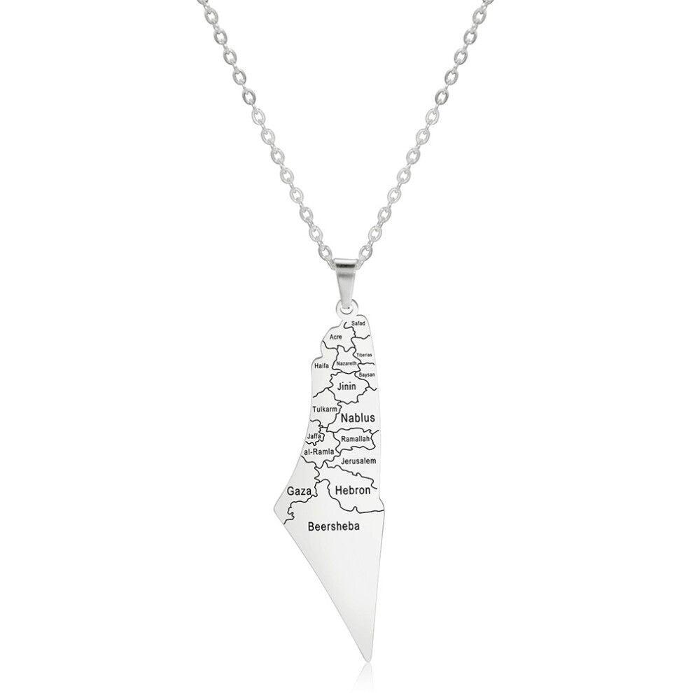 (Silver) Map Modern Israel Pendant Necklace Stainless Steel Men Women Wear Accessories