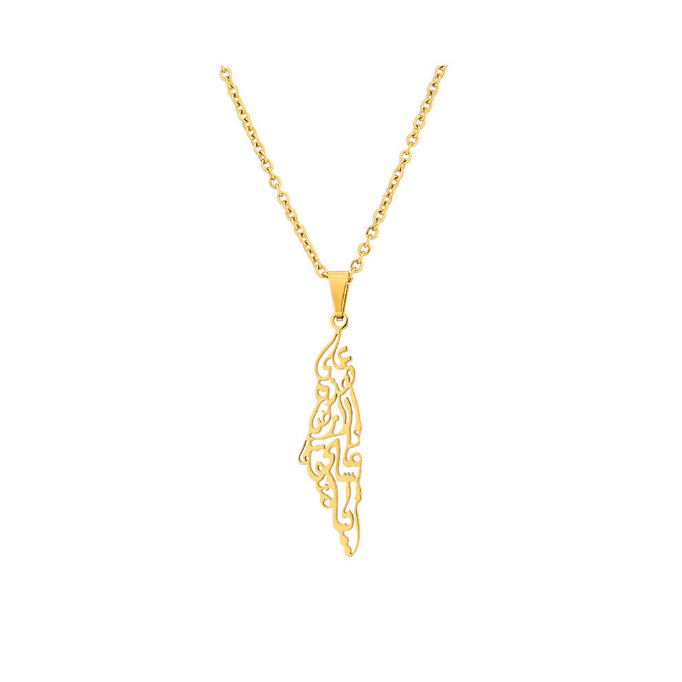 (Gold) Palestine Stainless Israel Steel Map Geometric Pendant Necklace Gift Women Men