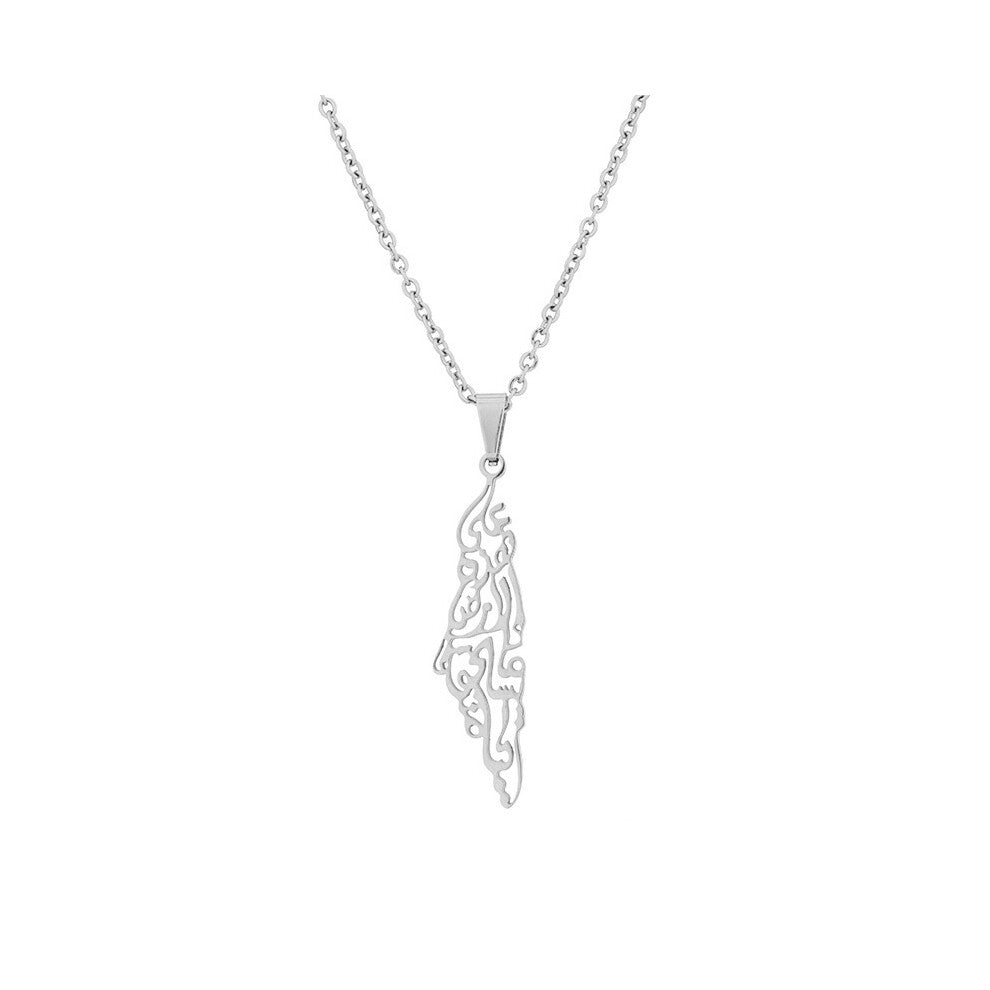 (Silver) Palestine Stainless Israel Steel Map Geometric Pendant Necklace Gift Women Men
