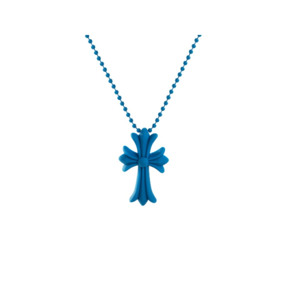 (Blue) Hearts Crucifix Chrome Religious Vintage Punk Pendant Amulet Pvc Cross Necklace