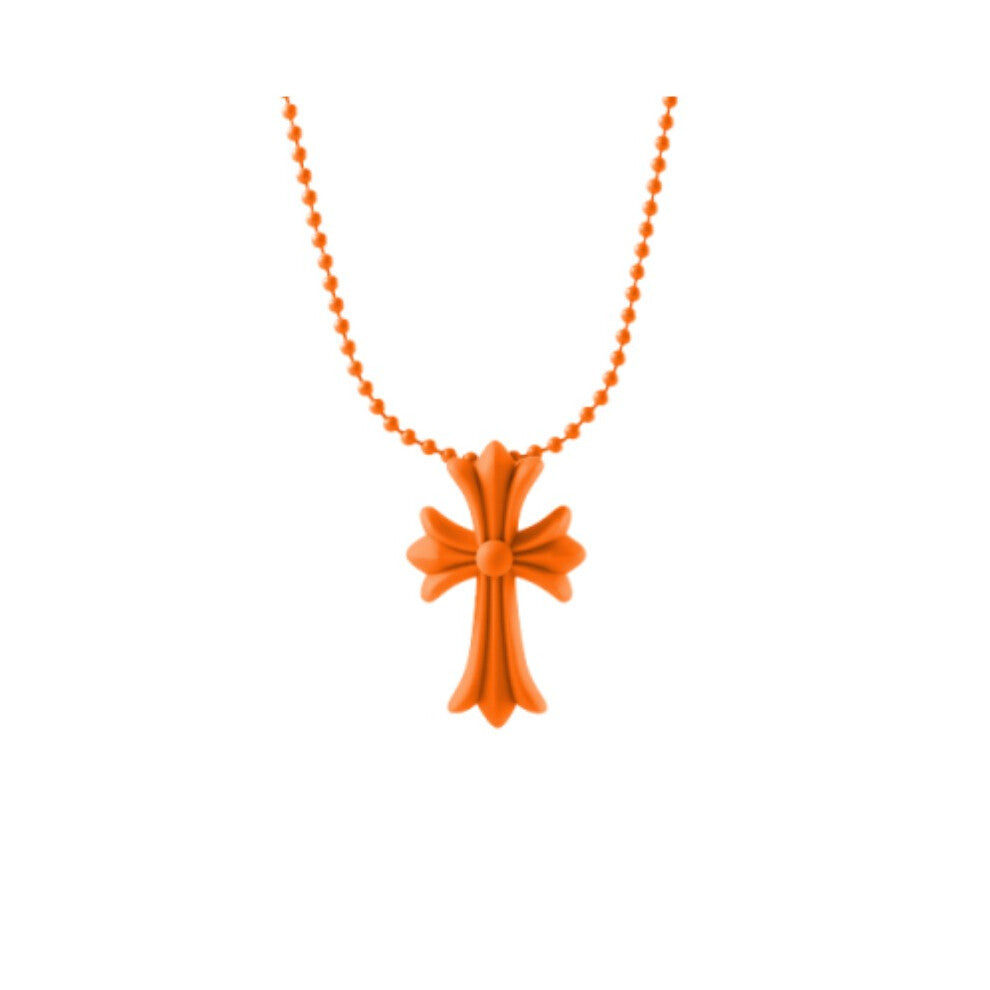 (Orange) Hearts Crucifix Chrome Religious Vintage Punk Pendant Amulet Pvc Cross Necklace