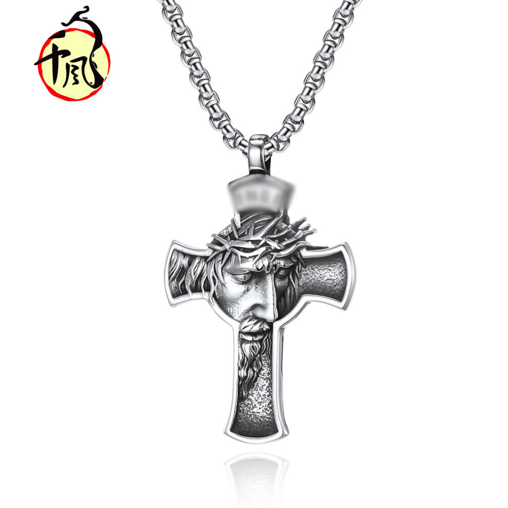 Retro Trendy Stainless Steel Portrait Cross Necklace Pendant Premium Fashion Accessory Crafted