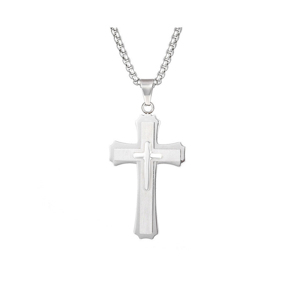(Silvery ) Necklace Stainless Crucifix Steel Cross Pendant Three Layer Accessory Stereo