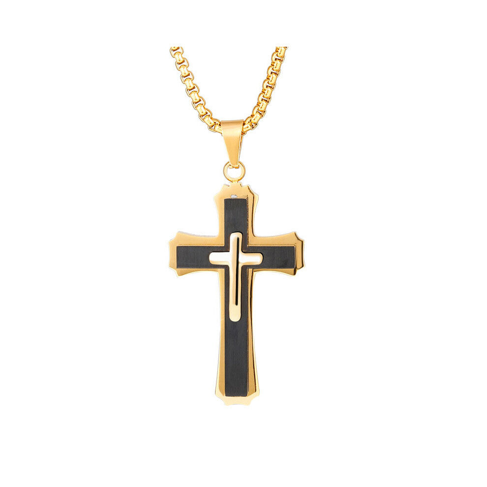 (Golden Black) Necklace Stainless Crucifix Steel Cross Pendant Three Layer Accessory Stereo