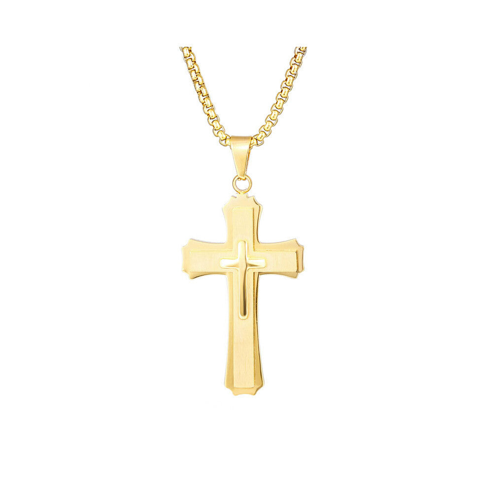 (Golden) Necklace Stainless Crucifix Steel Cross Pendant Three Layer Accessory Stereo