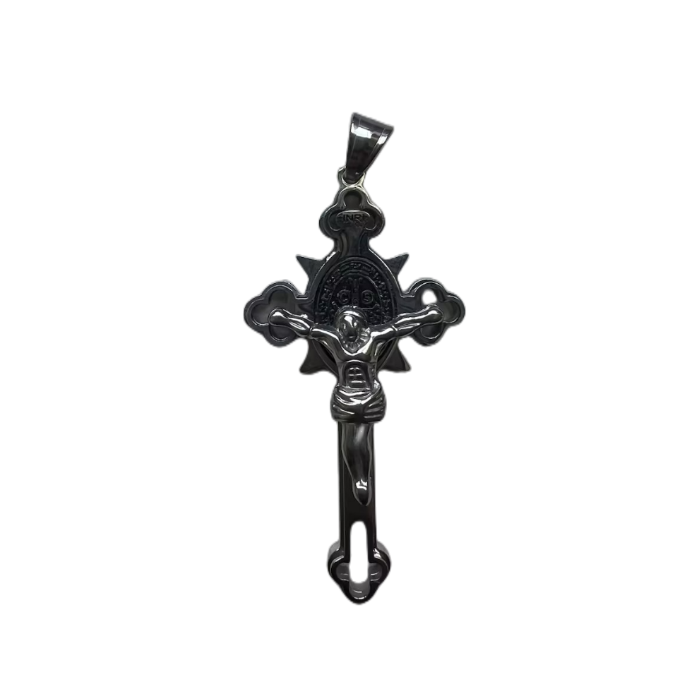 (Silver) Necklace Crucifix Saint Benedict Jesus Vintage Stainless Steel Cross Pendant
