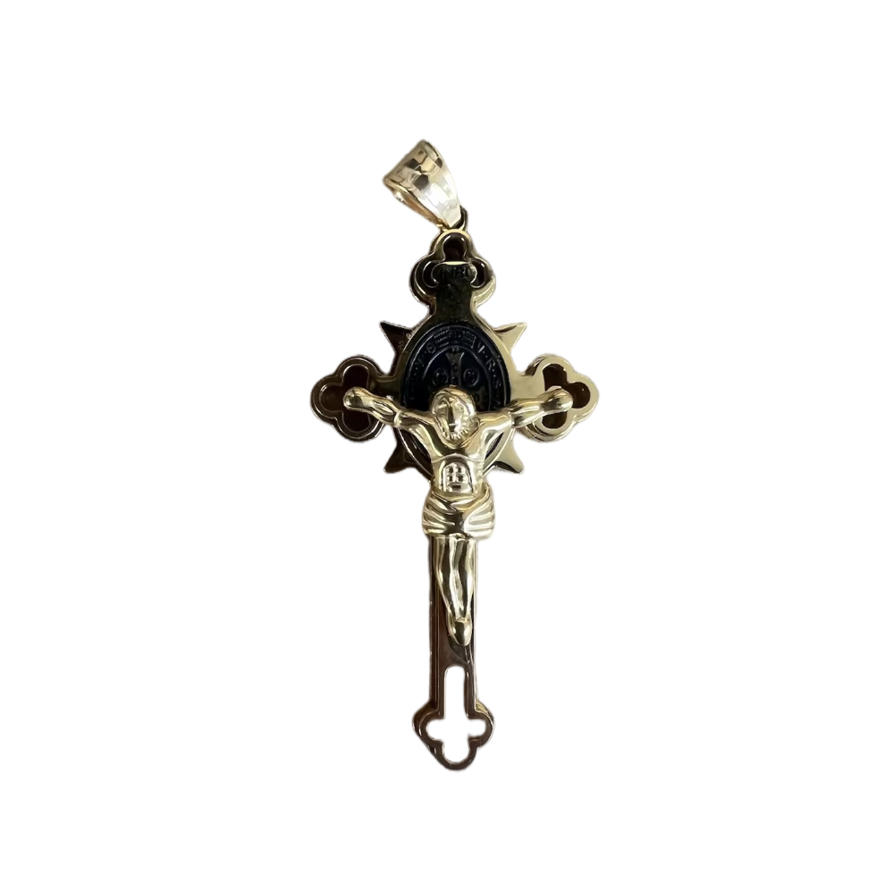 (Gold) Necklace Crucifix Saint Benedict Jesus Vintage Stainless Steel Cross Pendant