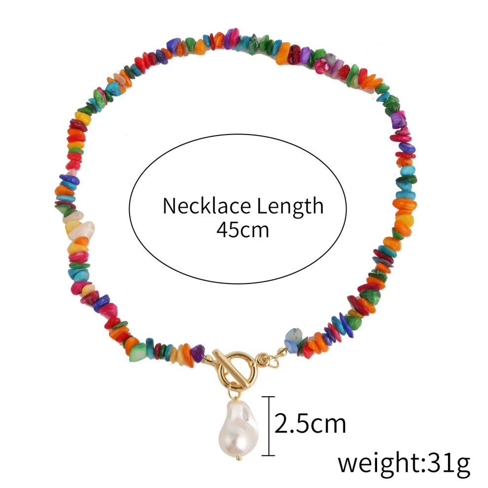 (StyleK) Women Colorful Gemstone Necklace Natural Stone Multilayer Pearl Shell Pendant