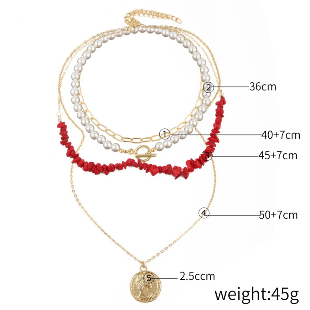 (StyleT) Women Colorful Gemstone Necklace Natural Stone Multilayer Pearl Shell Pendant