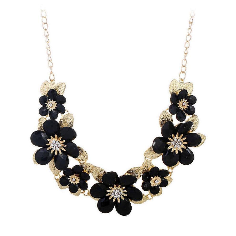 (As show, One size) New Fashion Women Chain Diamond Flower Multi-layer Metal Jewelry Resin Necklace(Black)