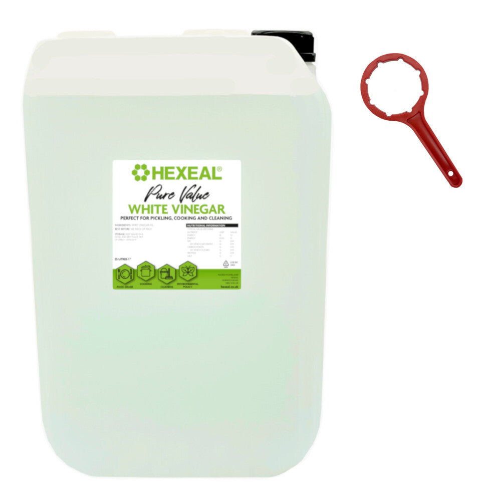 Hexeal Pure Value White Vinegar 25L & Drum Spanner, Food Grade Vinegar for Cooking, Cleaning, Pickling & Baking  Cleans Surfaces, Deodorises & Removes