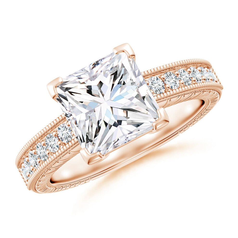(T 1-2, 9ct Rose Gold) Angara Lab-Grown Princess Cut Diamond Solitaire Ring with Milgrain Detailing for Women