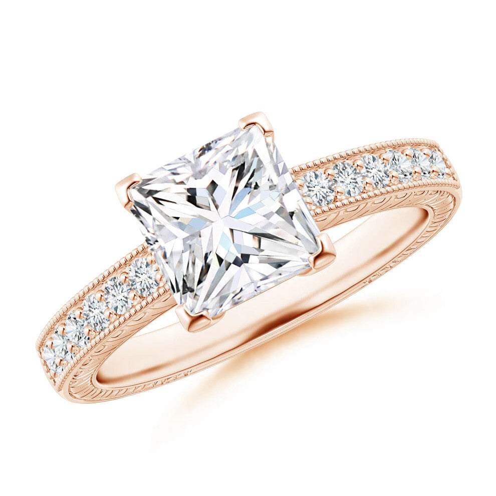 (Q 1-2, 9ct Rose Gold) Angara Lab-Grown Princess Cut Diamond Solitaire Ring with Milgrain Detailing for Women