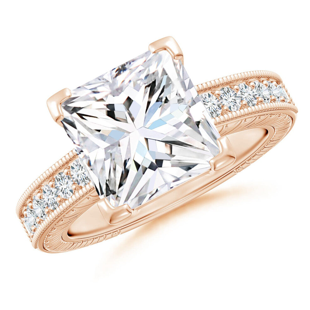 (O 1-2, 9ct Rose Gold) Angara Lab-Grown Princess Cut Diamond Solitaire Ring with Milgrain Detailing for Women