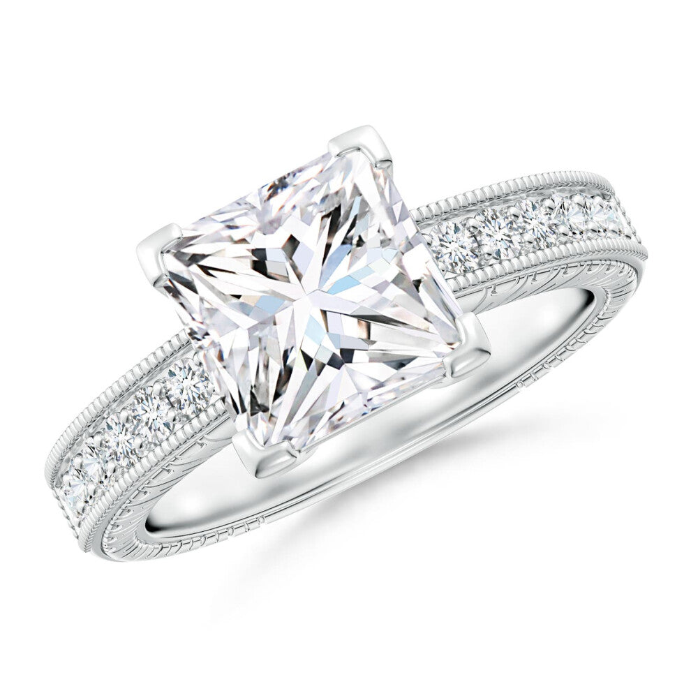 (T 1-2, 14ct White Gold) Angara Lab-Grown Princess Cut Diamond Solitaire Ring with Milgrain Detailing for Women