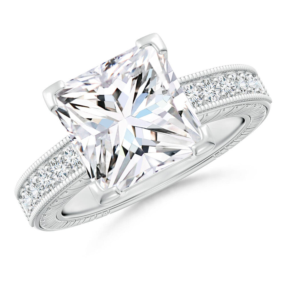 (S 1-2, 14ct White Gold) Angara Lab-Grown Princess Cut Diamond Solitaire Ring with Milgrain Detailing for Women