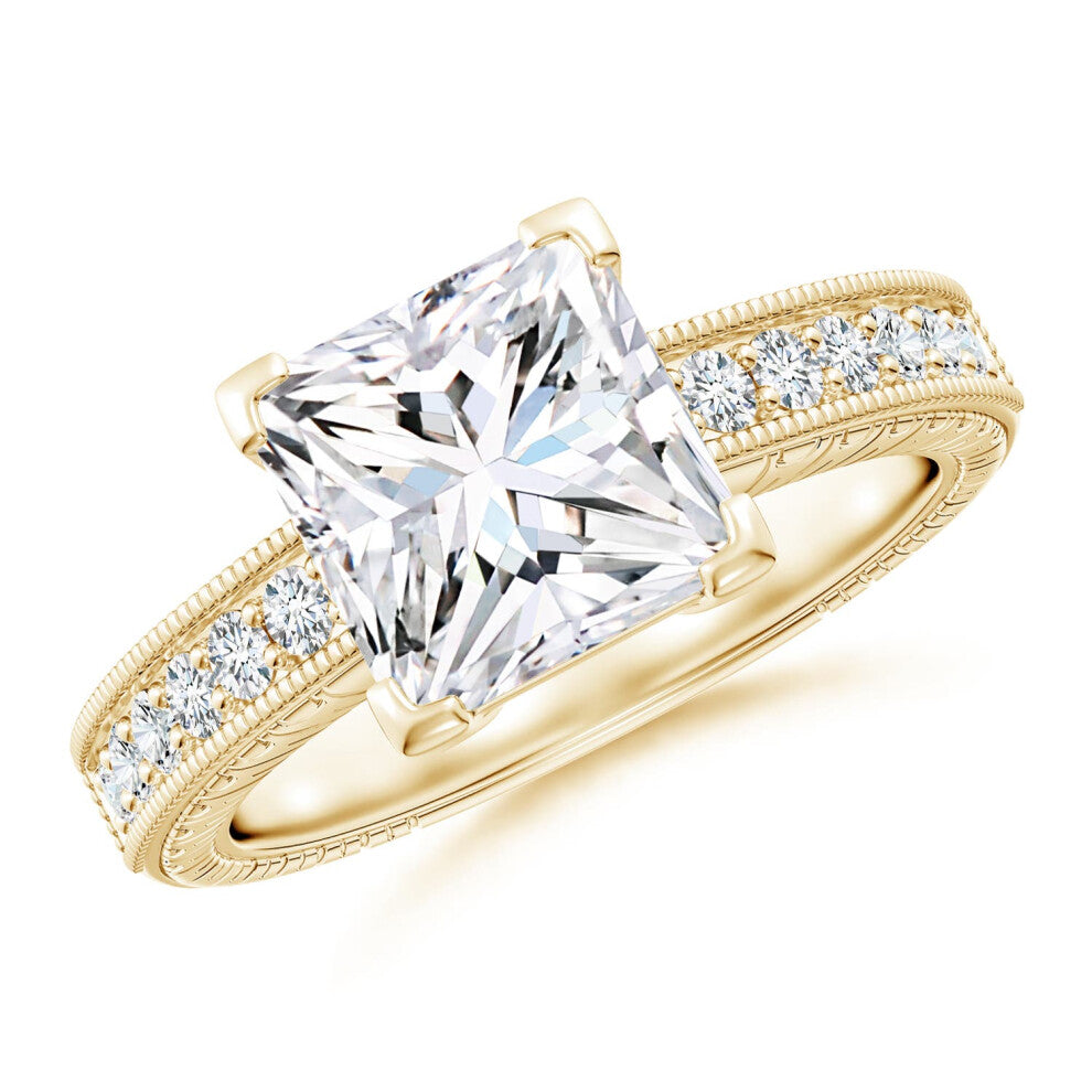 (K 1-2, 14ct Yellow Gold) Angara Lab-Grown Princess Cut Diamond Solitaire Ring with Milgrain Detailing for Women