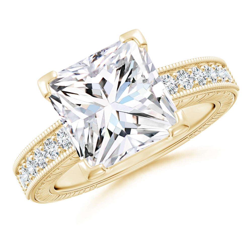 (M 1-2, 14ct Yellow Gold) Angara Lab-Grown Princess Cut Diamond Solitaire Ring with Milgrain Detailing for Women