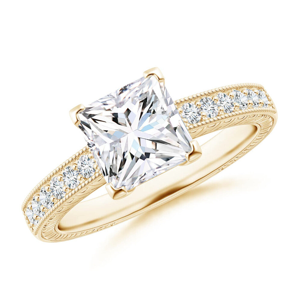 (K 1-2, 9ct Yellow Gold) Angara Lab-Grown Princess Cut Diamond Solitaire Ring with Milgrain Detailing for Women