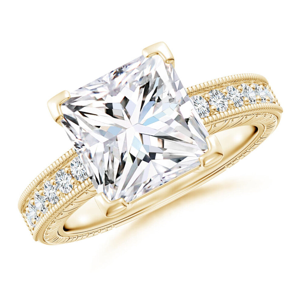 (N 1-2, 9ct Yellow Gold) Angara Lab-Grown Princess Cut Diamond Solitaire Ring with Milgrain Detailing for Women