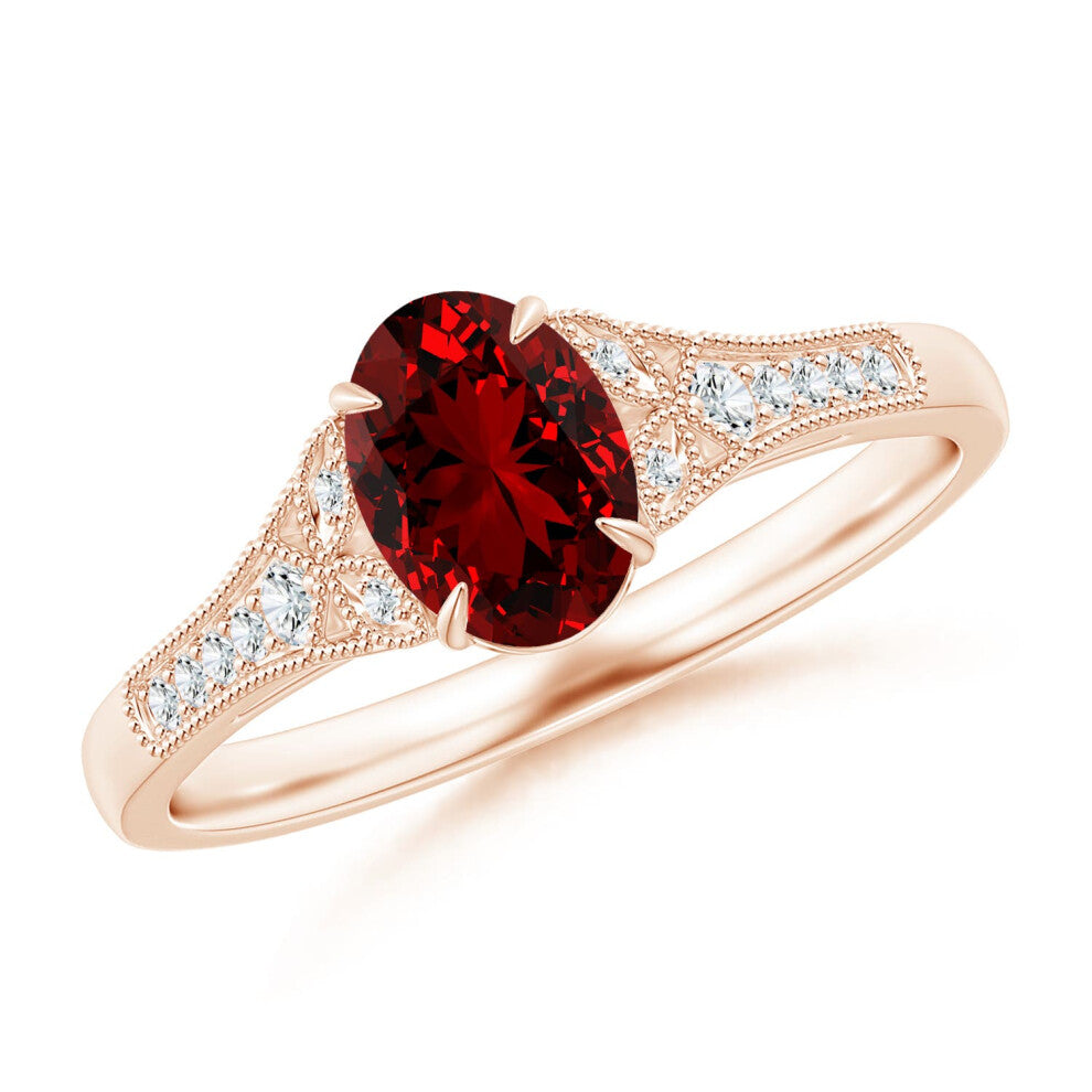 (M 1-2, 9ct Rose Gold) Angara Lab-Grown Aeon Vintage Inspired Oval Ruby Solitaire Engagement Ring with Milgrain for Women