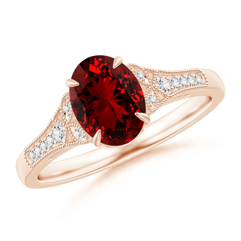 (O 1-2, 9ct Rose Gold) Angara Lab-Grown Aeon Vintage Inspired Oval Ruby Solitaire Engagement Ring with Milgrain for Women