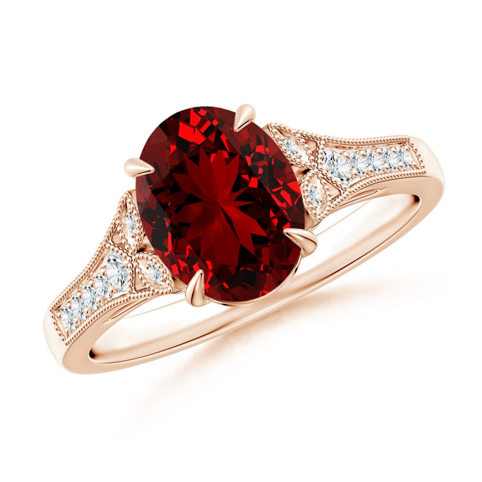 (R 1-2, 9ct Rose Gold) Angara Lab-Grown Aeon Vintage Inspired Oval Ruby Solitaire Engagement Ring with Milgrain for Women