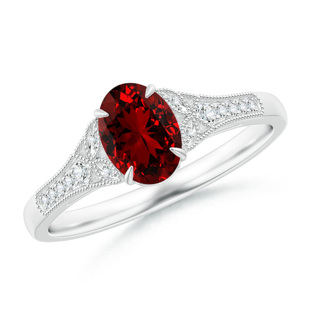(S 1-2, 14ct White Gold) Angara Lab-Grown Aeon Vintage Inspired Oval Ruby Solitaire Engagement Ring with Milgrain for Women