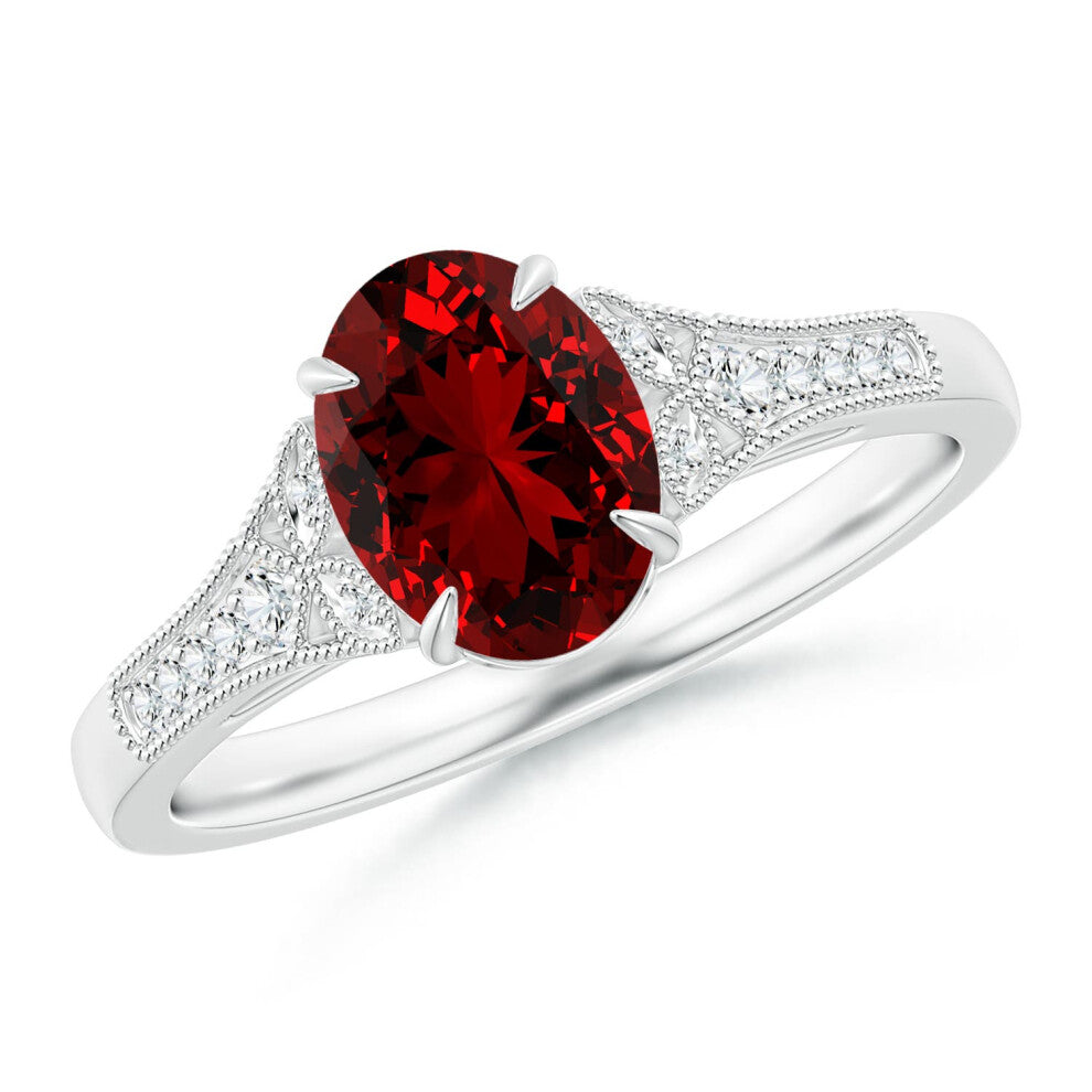 (J 1-2, 9ct White Gold) Angara Lab-Grown Aeon Vintage Inspired Oval Ruby Solitaire Engagement Ring with Milgrain for Women