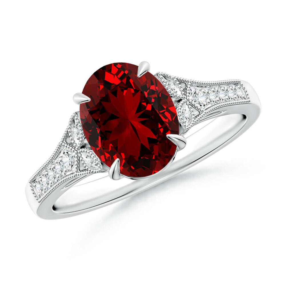 (K 1-2, 9ct White Gold) Angara Lab-Grown Aeon Vintage Inspired Oval Ruby Solitaire Engagement Ring with Milgrain for Women