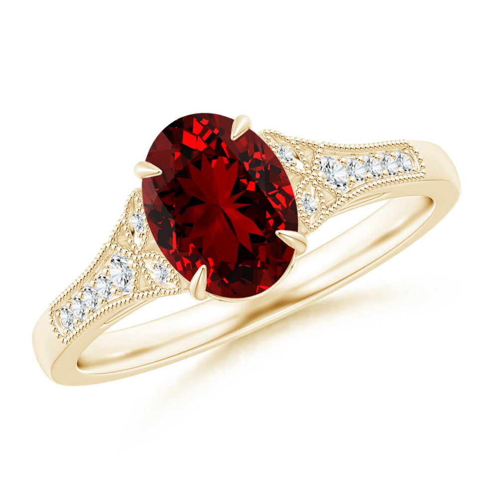 (P 1-2, 14ct Yellow Gold) Angara Lab-Grown Aeon Vintage Inspired Oval Ruby Solitaire Engagement Ring with Milgrain for Women