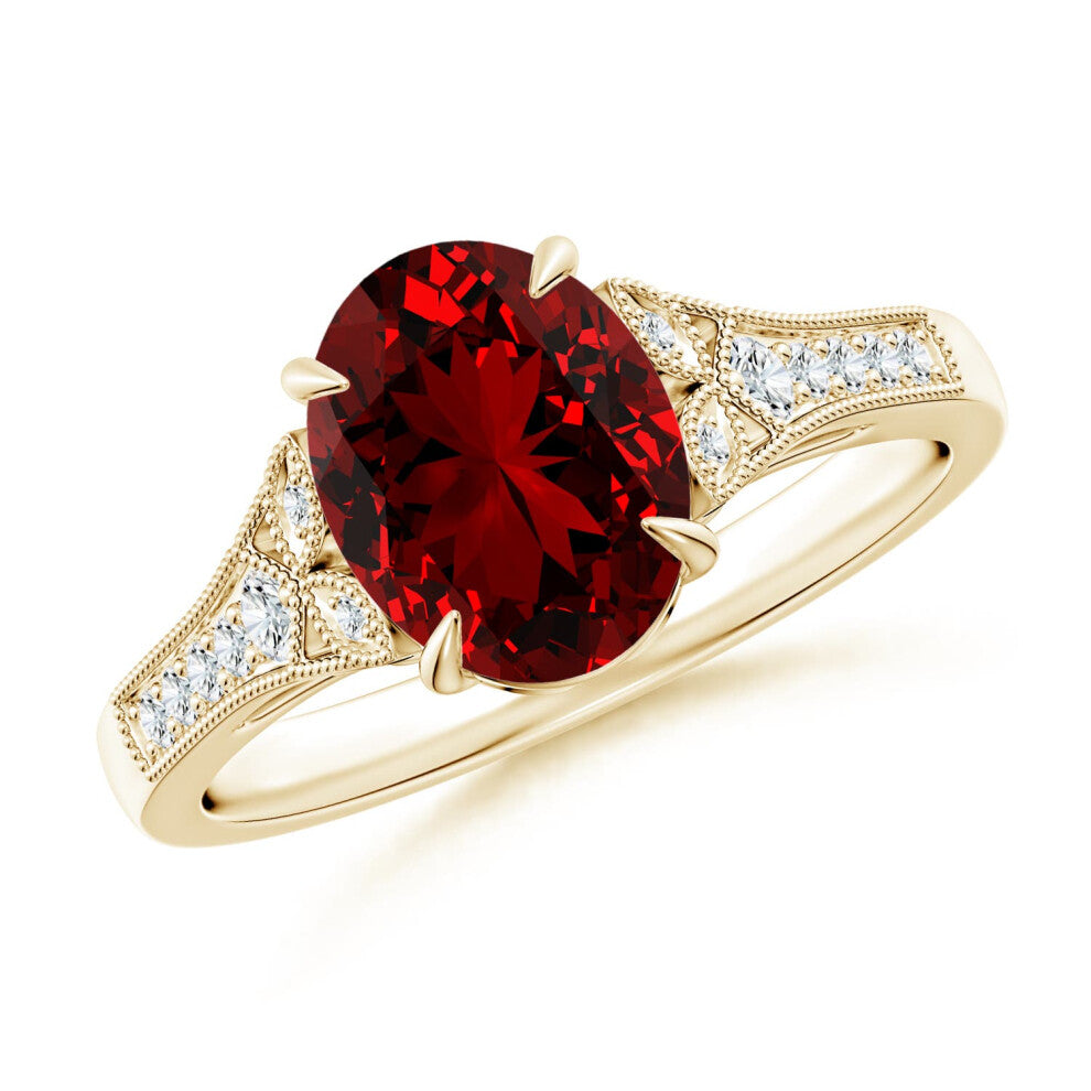 (Q 1-2, 14ct Yellow Gold) Angara Lab-Grown Aeon Vintage Inspired Oval Ruby Solitaire Engagement Ring with Milgrain for Women