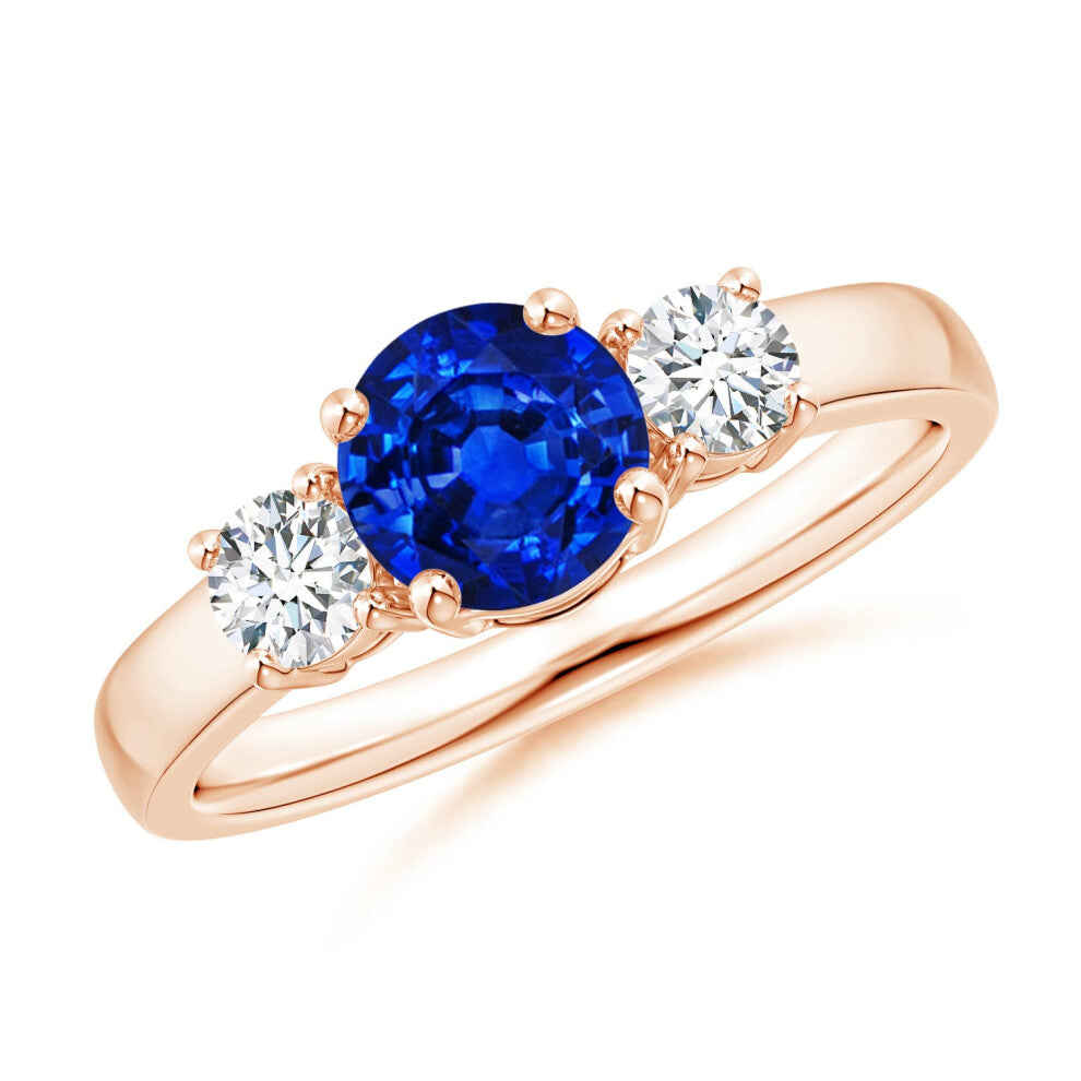 (O 1-2, 14ct Rose Gold) Angara Lab-Grown Classic Blue Sapphire and Lab Diamond Three Stone Engagement Ring for Women