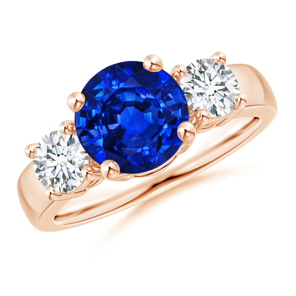 (Q 1-2, 14ct Rose Gold) Angara Lab-Grown Classic Blue Sapphire and Lab Diamond Three Stone Engagement Ring for Women