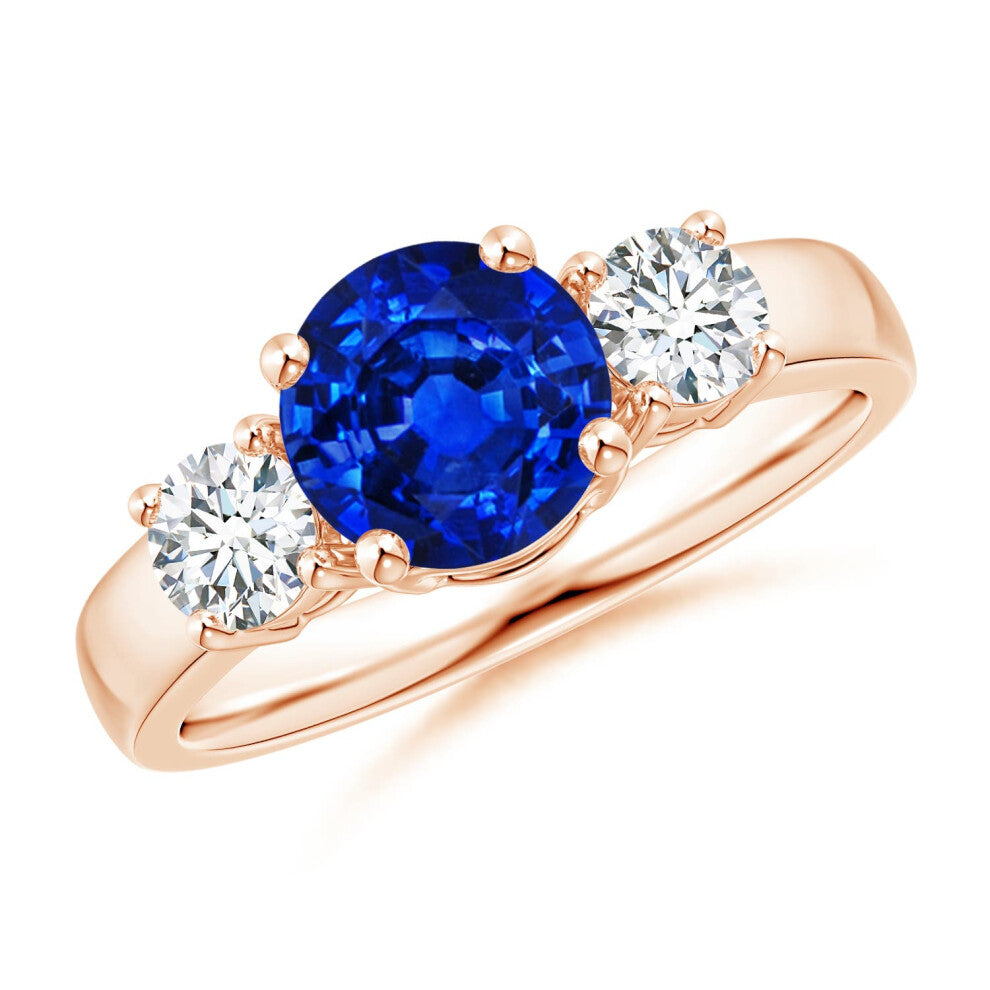 (O 1-2, 9ct Rose Gold) Angara Lab-Grown Classic Blue Sapphire and Lab Diamond Three Stone Engagement Ring for Women