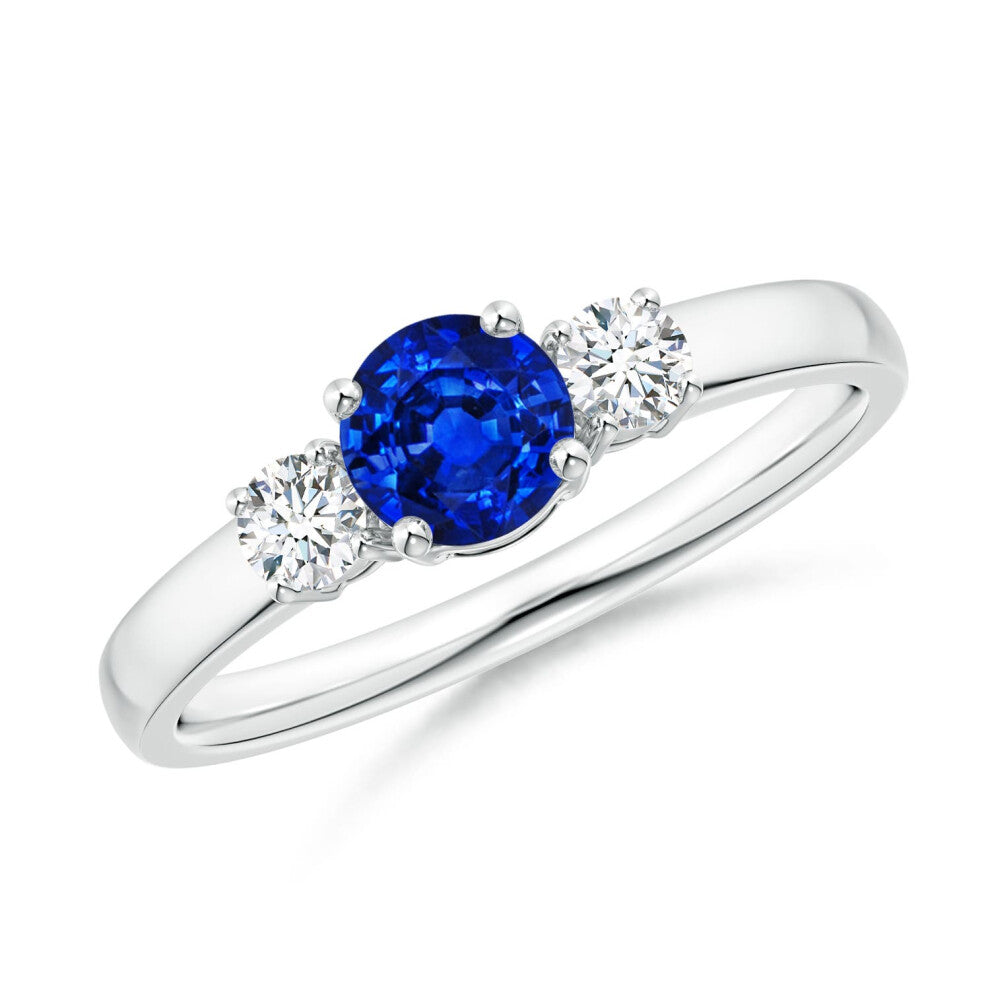 (M 1-2, 14ct White Gold) Angara Lab-Grown Classic Blue Sapphire and Lab Diamond Three Stone Engagement Ring for Women