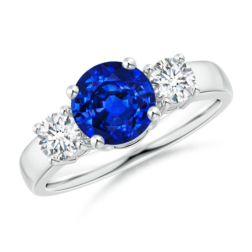 (Q 1-2, 14ct White Gold) Angara Lab-Grown Classic Blue Sapphire and Lab Diamond Three Stone Engagement Ring for Women