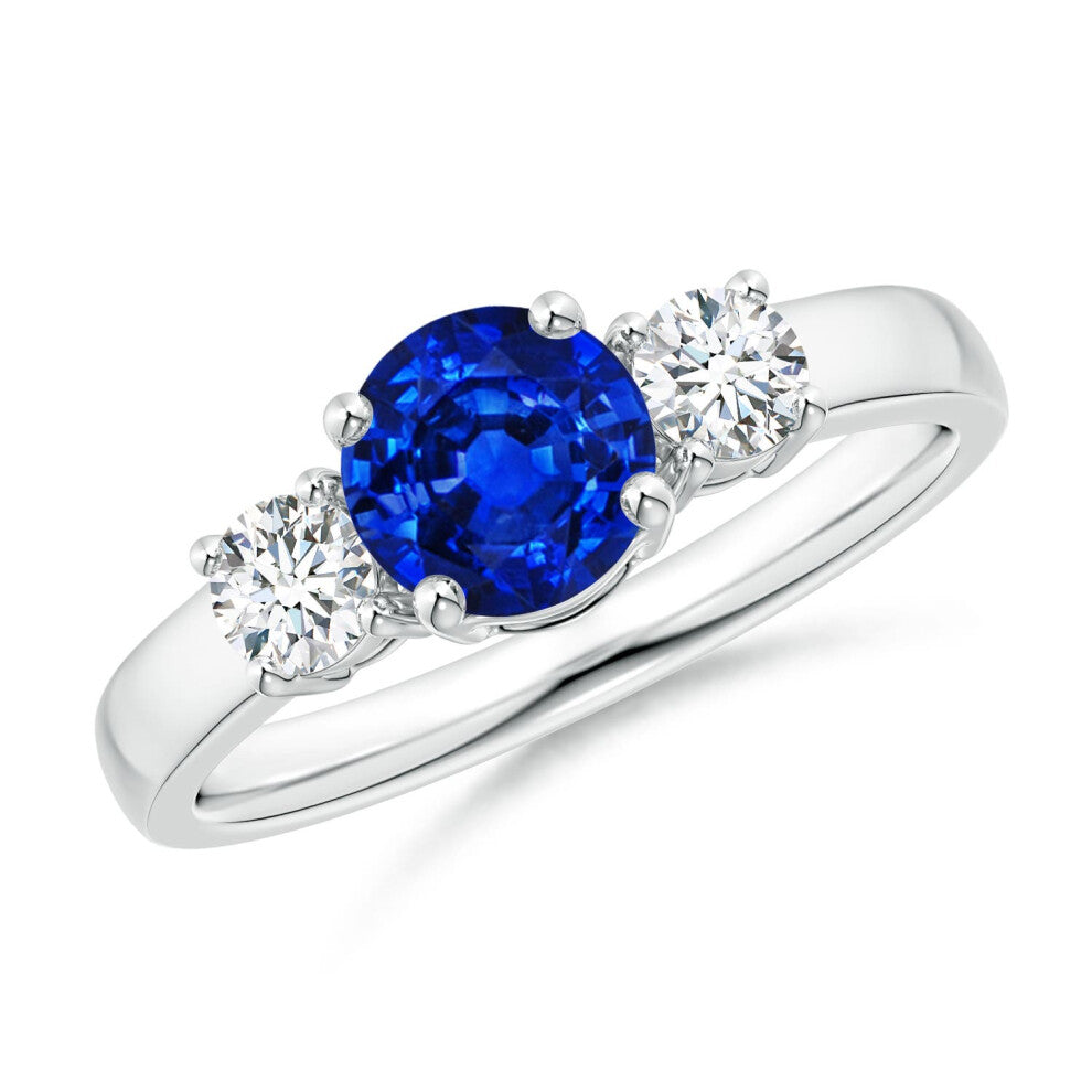 (S 1-2, 9ct White Gold) Angara Lab-Grown Classic Blue Sapphire and Lab Diamond Three Stone Engagement Ring for Women