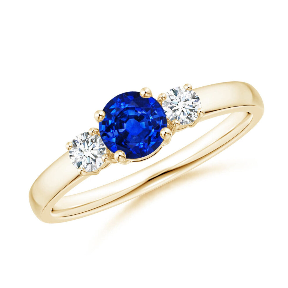(P 1-2, 9ct Yellow Gold) Angara Lab-Grown Classic Blue Sapphire and Lab Diamond Three Stone Engagement Ring for Women