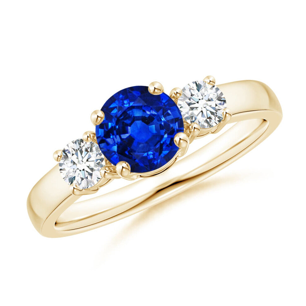 (R 1-2, 9ct Yellow Gold) Angara Lab-Grown Classic Blue Sapphire and Lab Diamond Three Stone Engagement Ring for Women