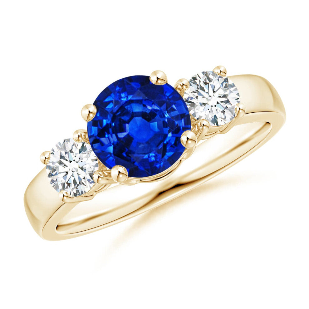(P 1-2, 9ct Yellow Gold) Angara Lab-Grown Classic Blue Sapphire and Lab Diamond Three Stone Engagement Ring for Women