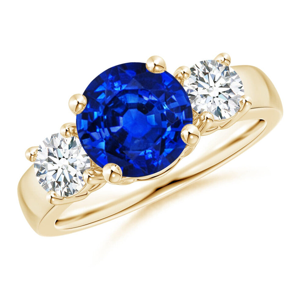 (L 1-2, 9ct Yellow Gold) Angara Lab-Grown Classic Blue Sapphire and Lab Diamond Three Stone Engagement Ring for Women