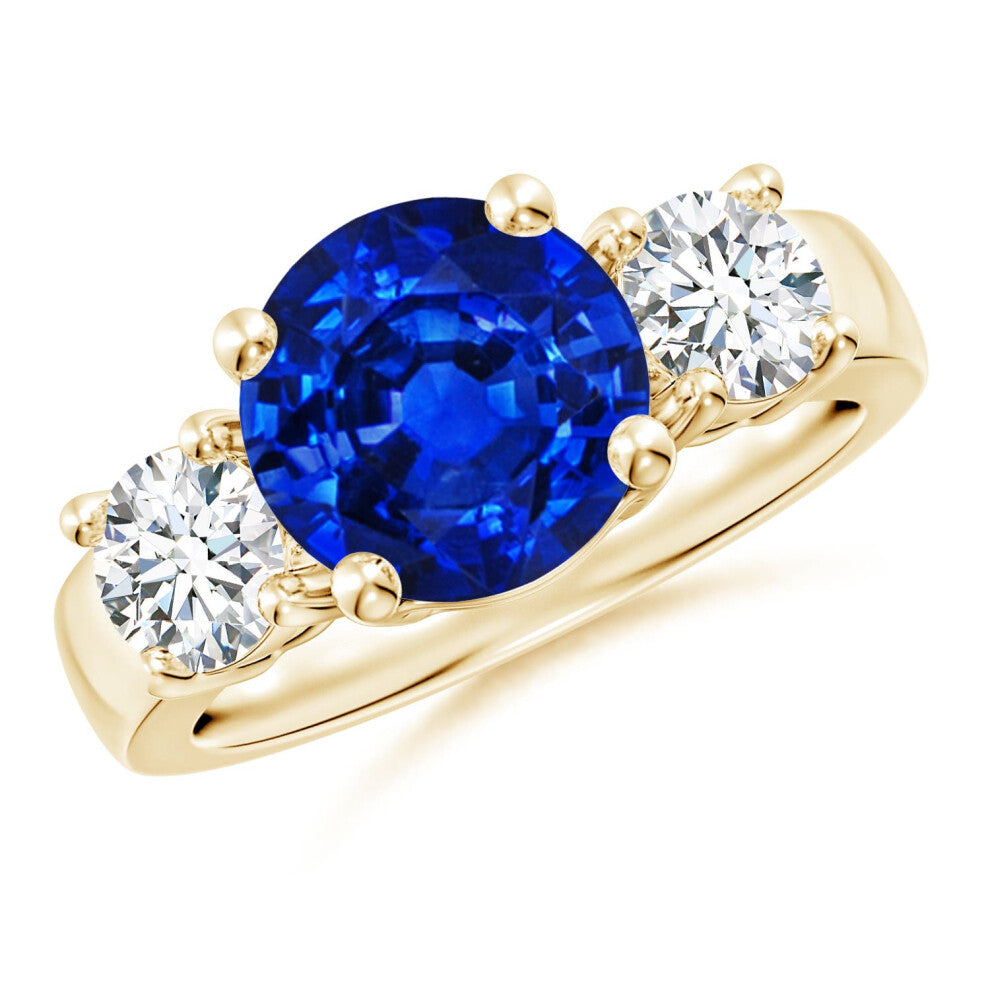 (R 1-2, 9ct Yellow Gold) Angara Lab-Grown Classic Blue Sapphire and Lab Diamond Three Stone Engagement Ring for Women