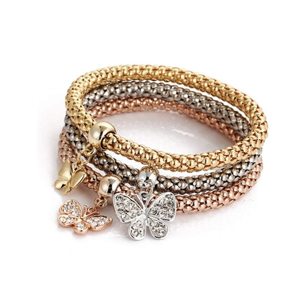Veile Studios Three Colour Alloy Rhinestone Butterfly Pendant Elastic Gem Charm Bracelet Set Charms & Charm Bracelets