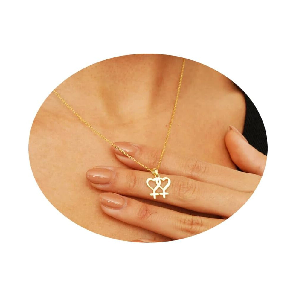 Double Venus Heart Necklace 18K Real Gold Venus Heart Pendant Dainty Pride Jewelry Lesbian Necklace Lesbian Gifts Jewelry for Women Her